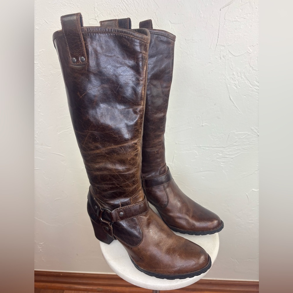 BORN Women Tall Leather Boots Susanne Harness Brown Heel Riding Shoe Buckle 6
